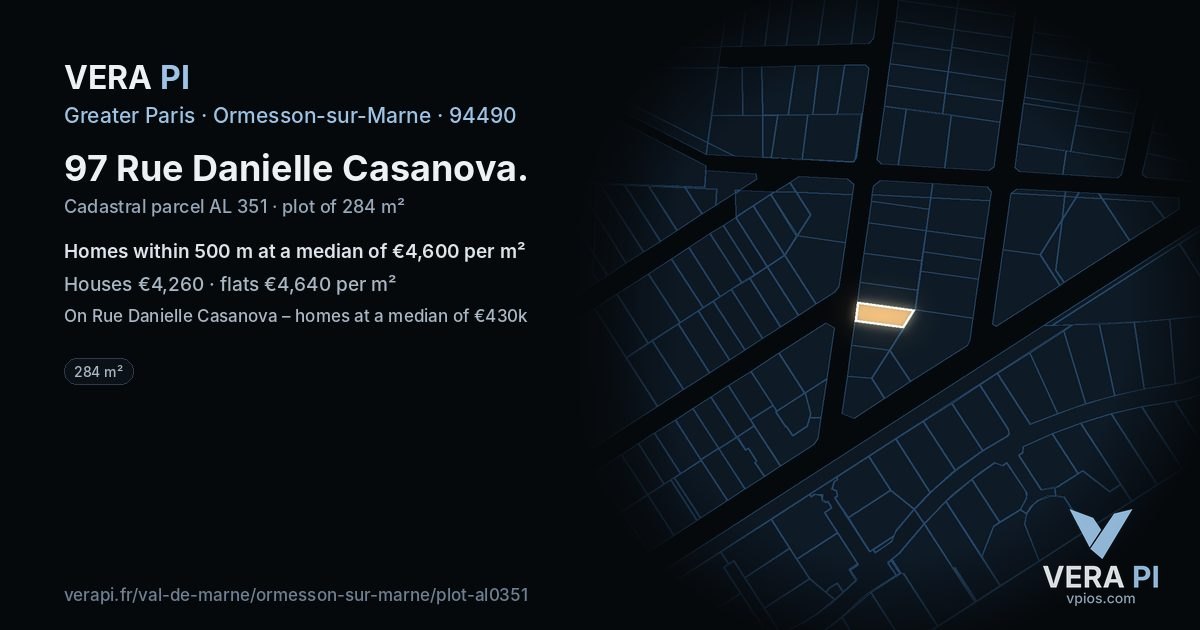 97 Rue Danielle Casanova, Ormesson-sur-Marne at night – the plot lit, the parcels around coloured by the prices near them
