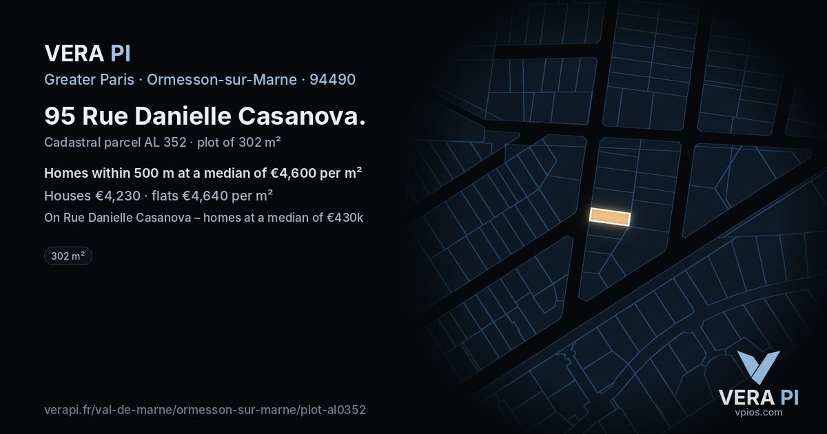 95 Rue Danielle Casanova, Ormesson-sur-Marne at night – the plot lit, the parcels around coloured by the prices near them