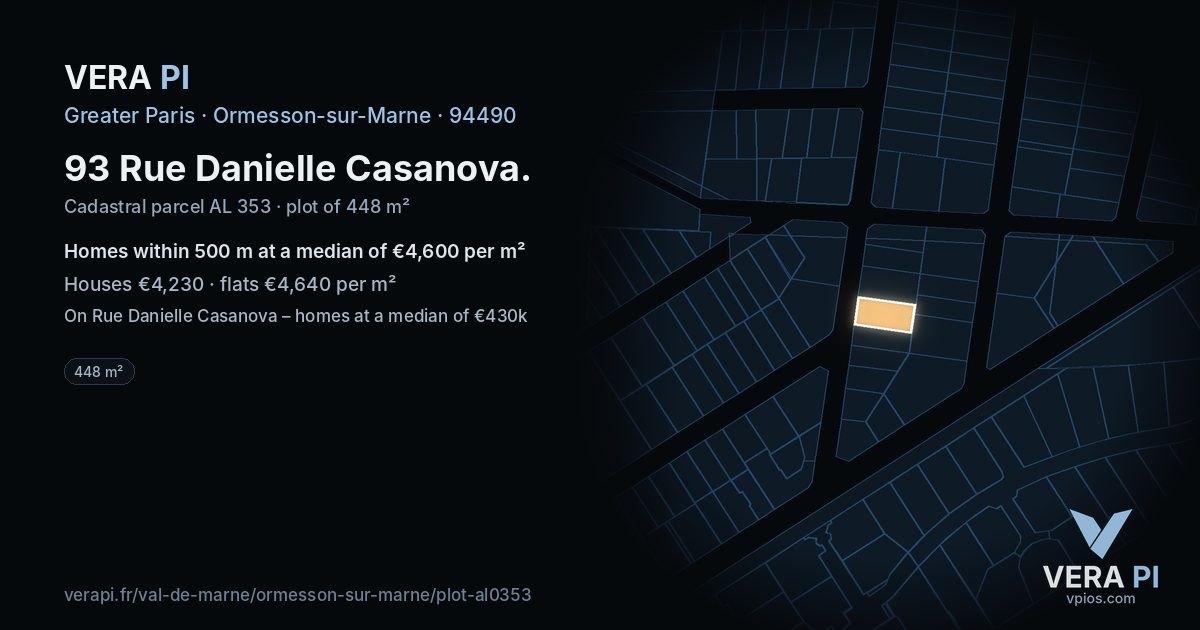 93 Rue Danielle Casanova, Ormesson-sur-Marne at night – the plot lit, the parcels around coloured by the prices near them
