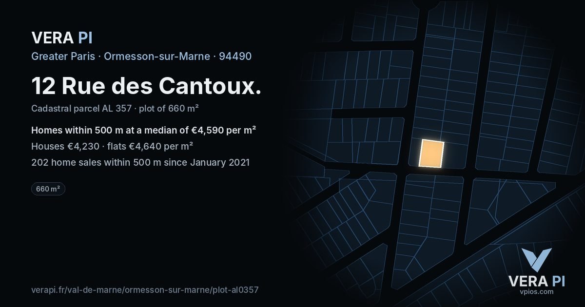 12 Rue des Cantoux, Ormesson-sur-Marne at night – the plot lit, the parcels around coloured by the prices near them