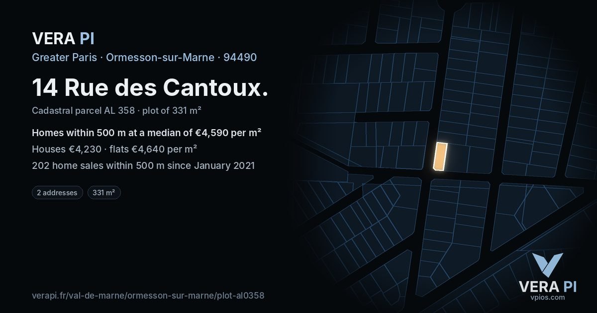 14 Rue des Cantoux, Ormesson-sur-Marne at night – the plot lit, the parcels around coloured by the prices near them
