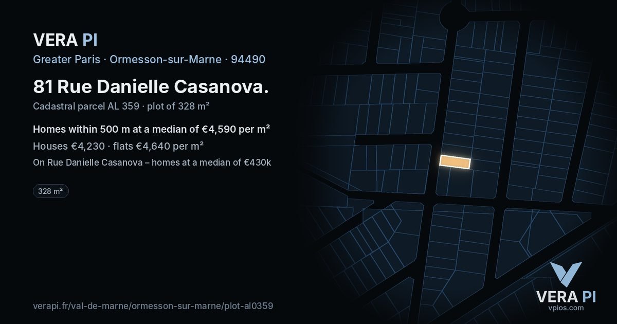 81 Rue Danielle Casanova, Ormesson-sur-Marne at night – the plot lit, the parcels around coloured by the prices near them