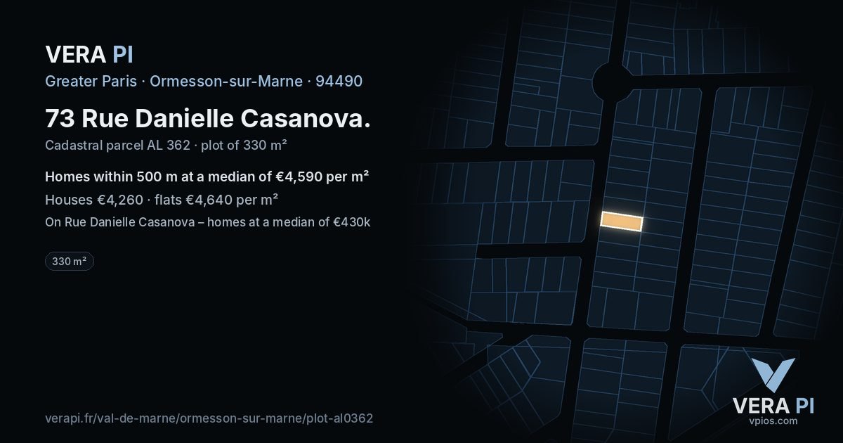 73 Rue Danielle Casanova, Ormesson-sur-Marne at night – the plot lit, the parcels around coloured by the prices near them