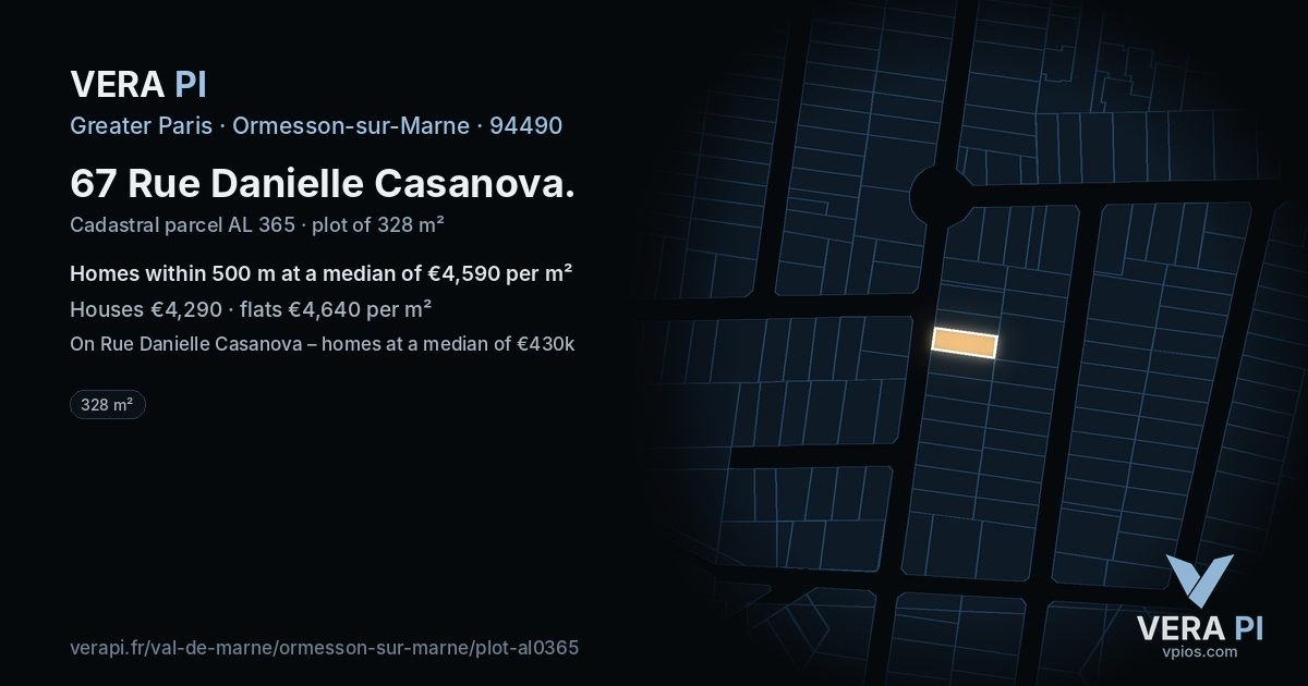 67 Rue Danielle Casanova, Ormesson-sur-Marne at night – the plot lit, the parcels around coloured by the prices near them