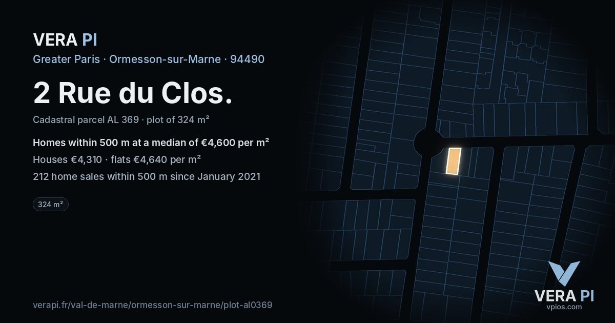 2 Rue du Clos, Ormesson-sur-Marne at night – the plot lit, the parcels around coloured by the prices near them