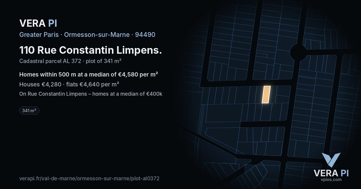 110 Rue Constantin Limpens, Ormesson-sur-Marne at night – the plot lit, the parcels around coloured by the prices near them