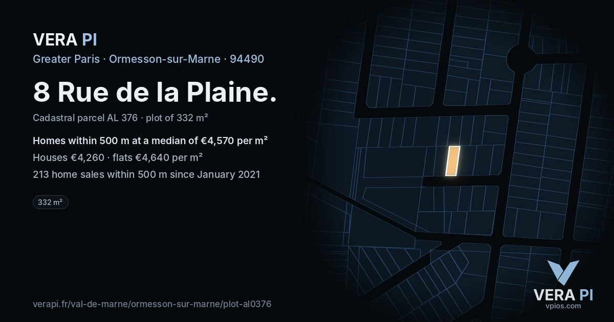 8 Rue de la Plaine, Ormesson-sur-Marne at night – the plot lit, the parcels around coloured by the prices near them