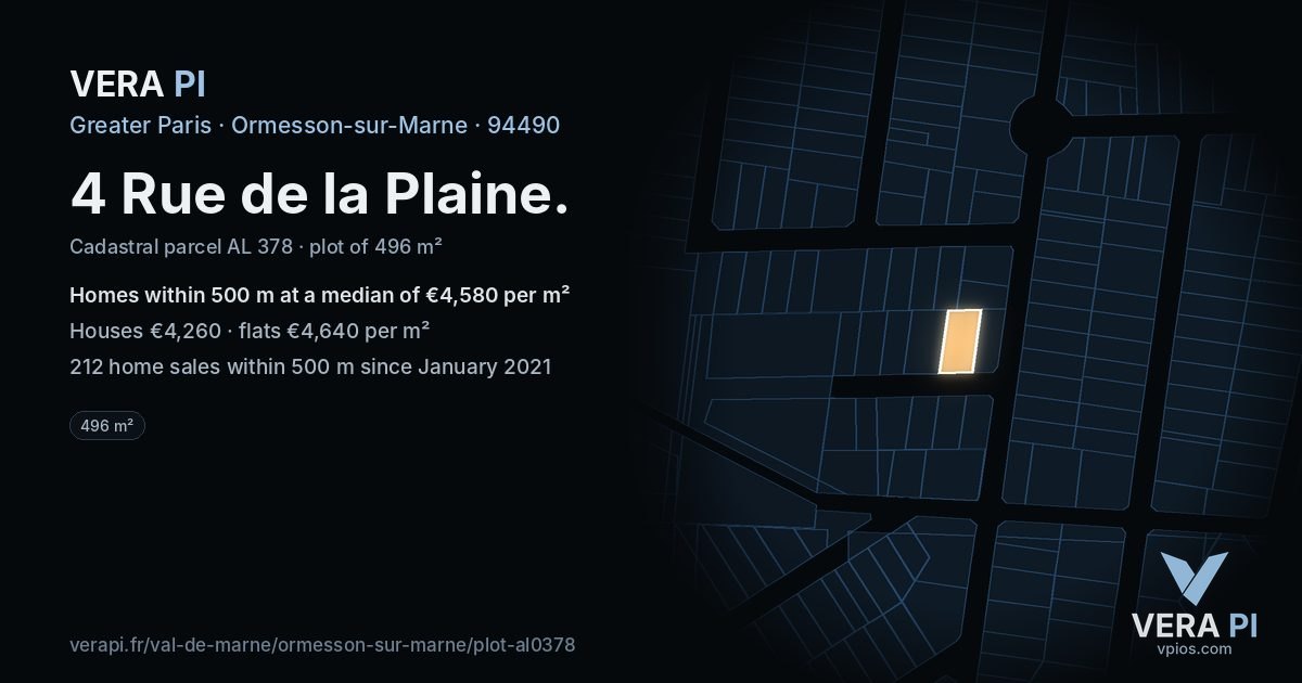 4 Rue de la Plaine, Ormesson-sur-Marne at night – the plot lit, the parcels around coloured by the prices near them