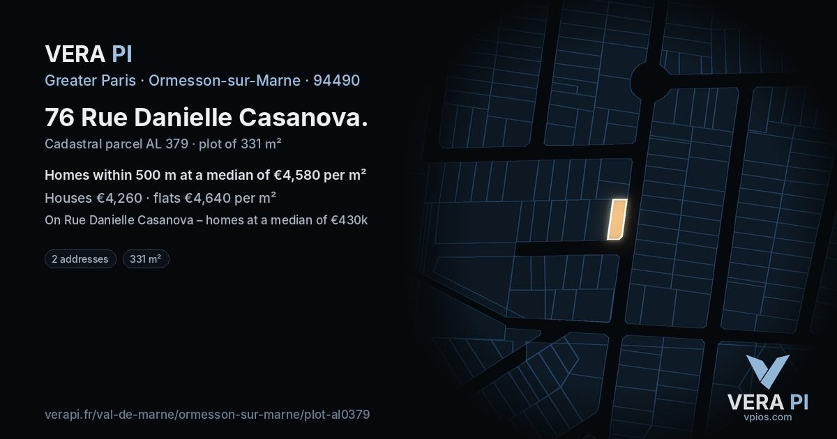 76 Rue Danielle Casanova, Ormesson-sur-Marne at night – the plot lit, the parcels around coloured by the prices near them
