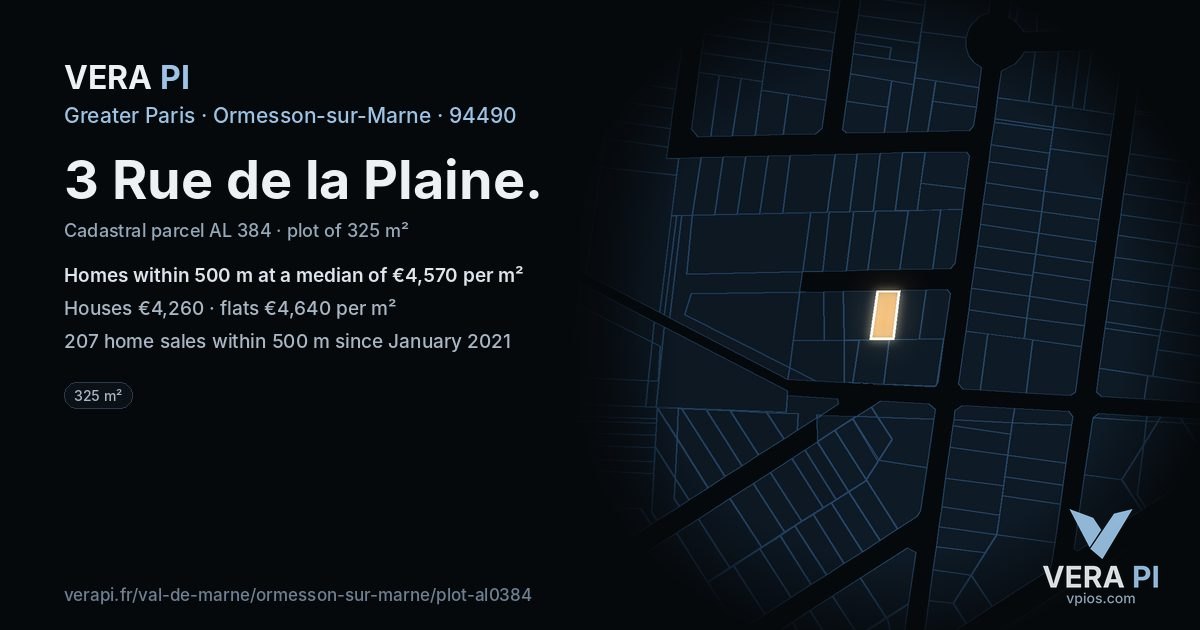3 Rue de la Plaine, Ormesson-sur-Marne at night – the plot lit, the parcels around coloured by the prices near them
