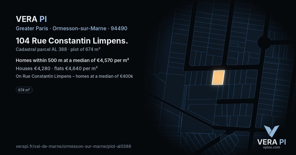 104 Rue Constantin Limpens, Ormesson-sur-Marne at night – the plot lit, the parcels around coloured by the prices near them
