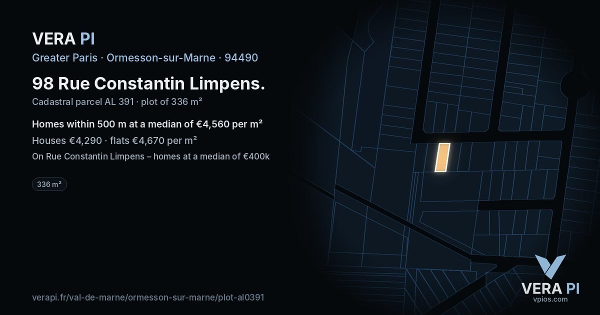98 Rue Constantin Limpens, Ormesson-sur-Marne at night – the plot lit, the parcels around coloured by the prices near them
