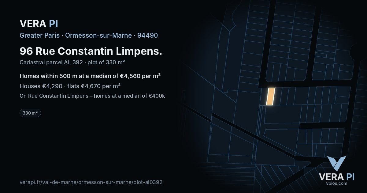 96 Rue Constantin Limpens, Ormesson-sur-Marne at night – the plot lit, the parcels around coloured by the prices near them