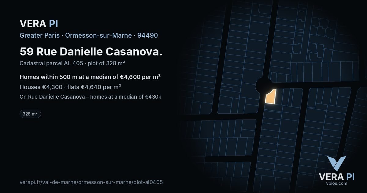 59 Rue Danielle Casanova, Ormesson-sur-Marne at night – the plot lit, the parcels around coloured by the prices near them