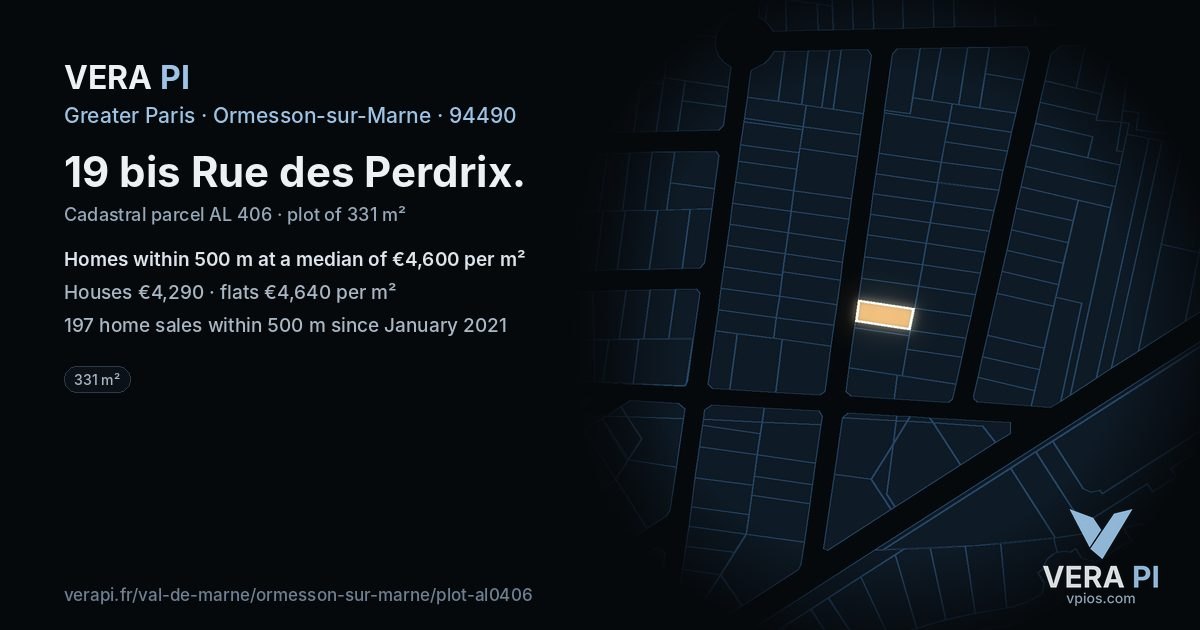19 bis Rue des Perdrix, Ormesson-sur-Marne at night – the plot lit, the parcels around coloured by the prices near them