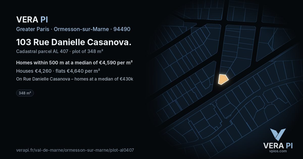 103 Rue Danielle Casanova, Ormesson-sur-Marne at night – the plot lit, the parcels around coloured by the prices near them