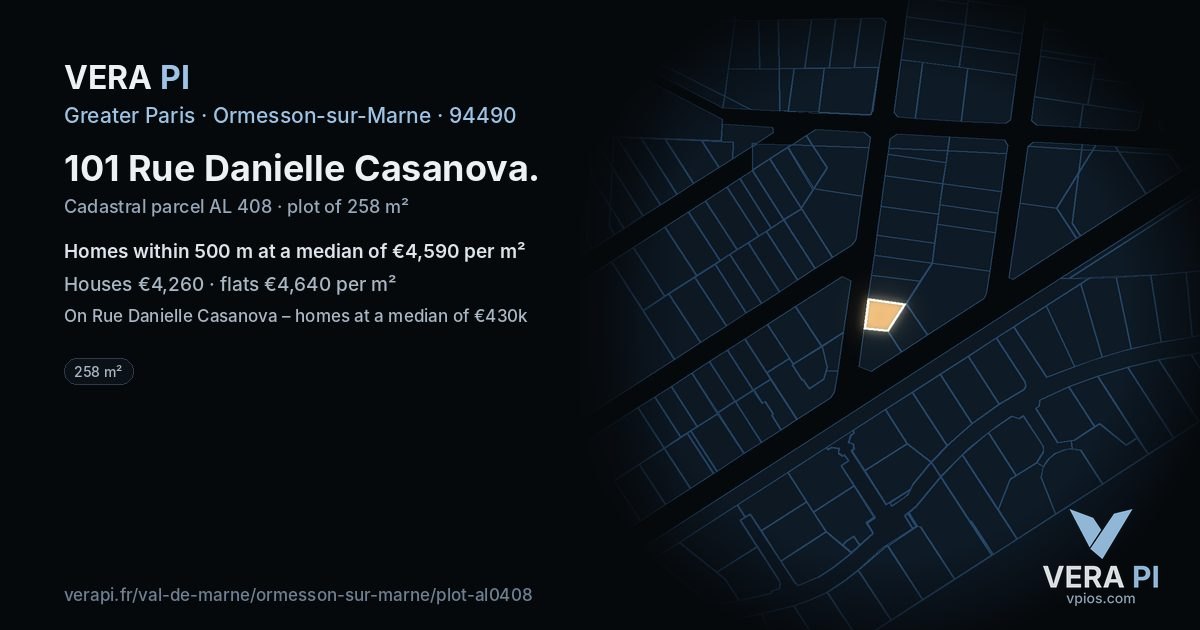 101 Rue Danielle Casanova, Ormesson-sur-Marne at night – the plot lit, the parcels around coloured by the prices near them