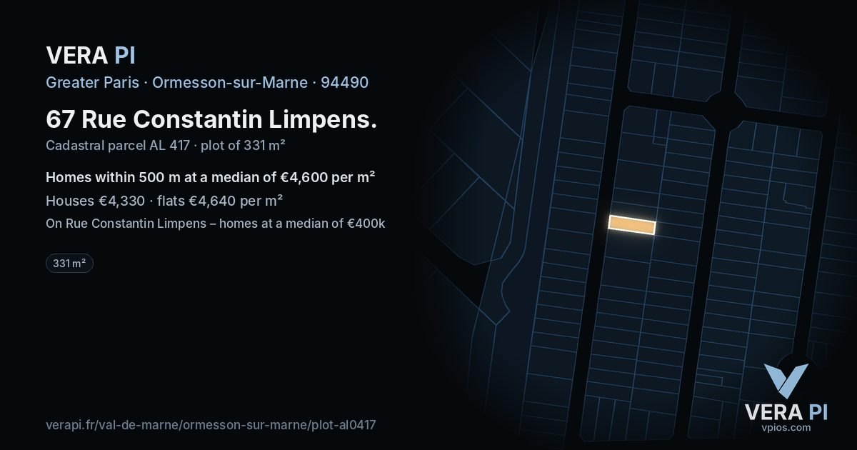 67 Rue Constantin Limpens, Ormesson-sur-Marne at night – the plot lit, the parcels around coloured by the prices near them