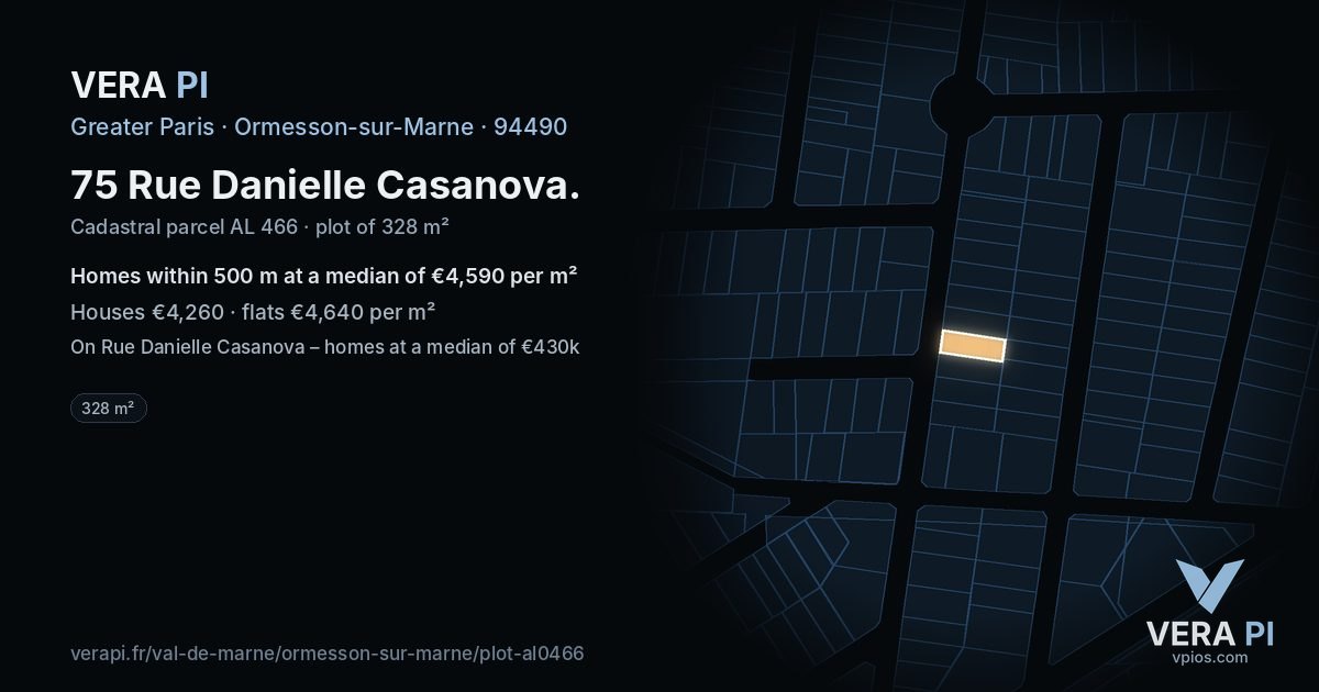 75 Rue Danielle Casanova, Ormesson-sur-Marne at night – the plot lit, the parcels around coloured by the prices near them