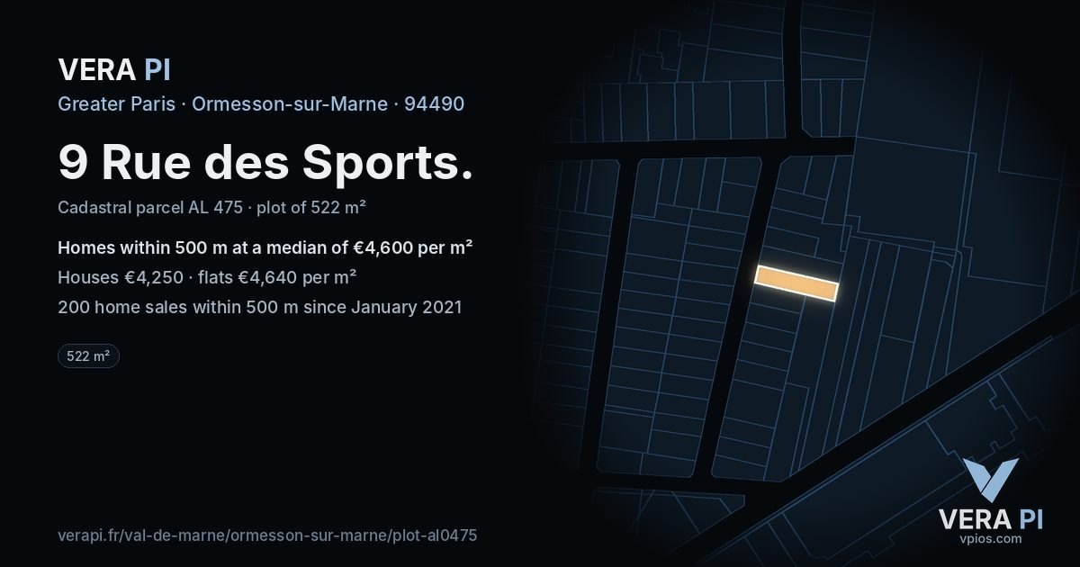 9 Rue des Sports, Ormesson-sur-Marne at night – the plot lit, the parcels around coloured by the prices near them