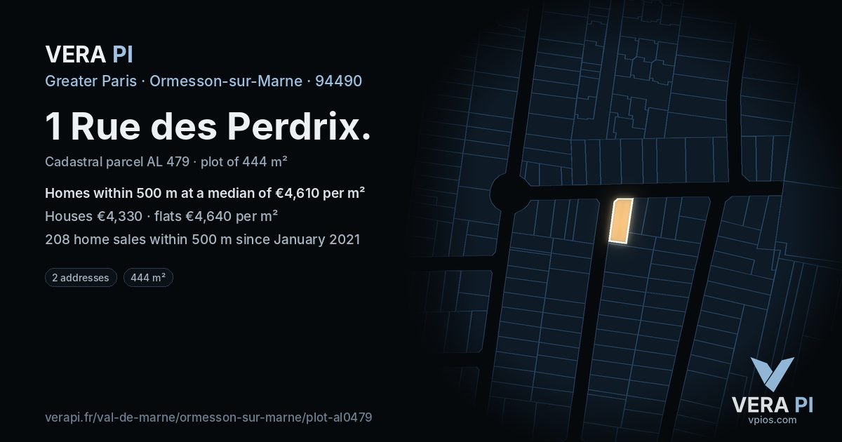 1 Rue des Perdrix, Ormesson-sur-Marne at night – the plot lit, the parcels around coloured by the prices near them