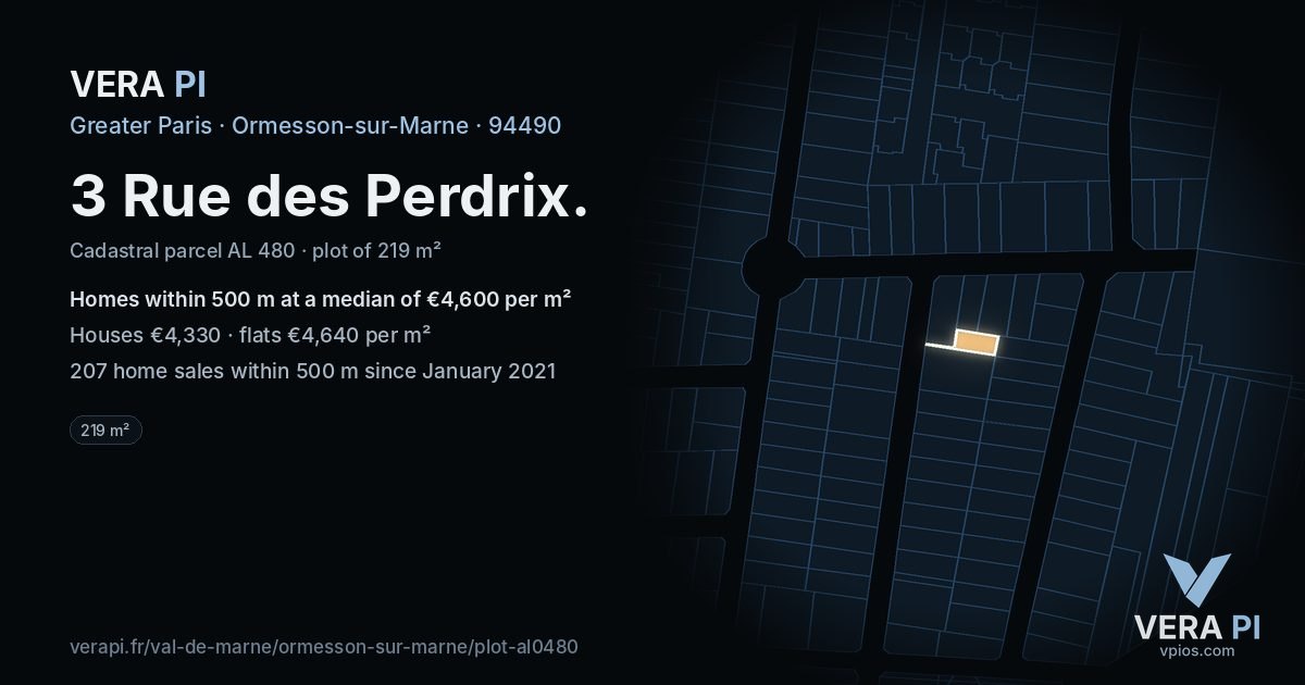 3 Rue des Perdrix, Ormesson-sur-Marne at night – the plot lit, the parcels around coloured by the prices near them