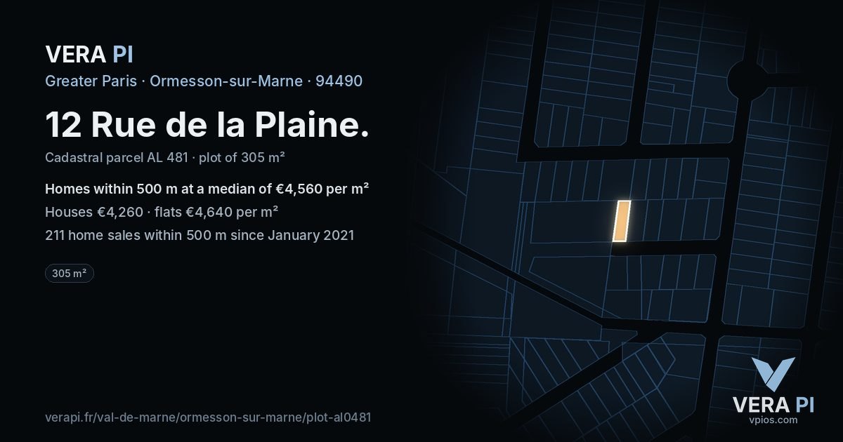 12 Rue de la Plaine, Ormesson-sur-Marne at night – the plot lit, the parcels around coloured by the prices near them