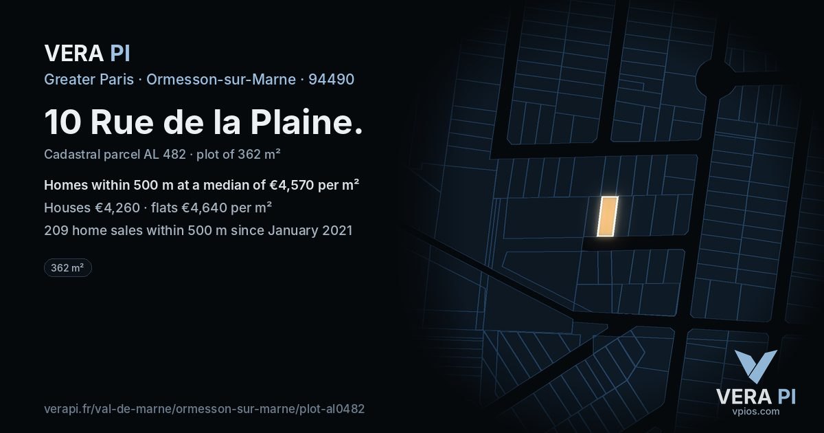 10 Rue de la Plaine, Ormesson-sur-Marne at night – the plot lit, the parcels around coloured by the prices near them