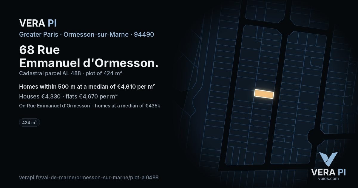68 Rue Emmanuel d'Ormesson, Ormesson-sur-Marne at night – the plot lit, the parcels around coloured by the prices near them