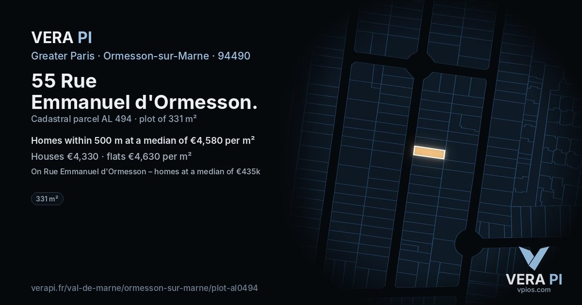 55 Rue Emmanuel d'Ormesson, Ormesson-sur-Marne at night – the plot lit, the parcels around coloured by the prices near them