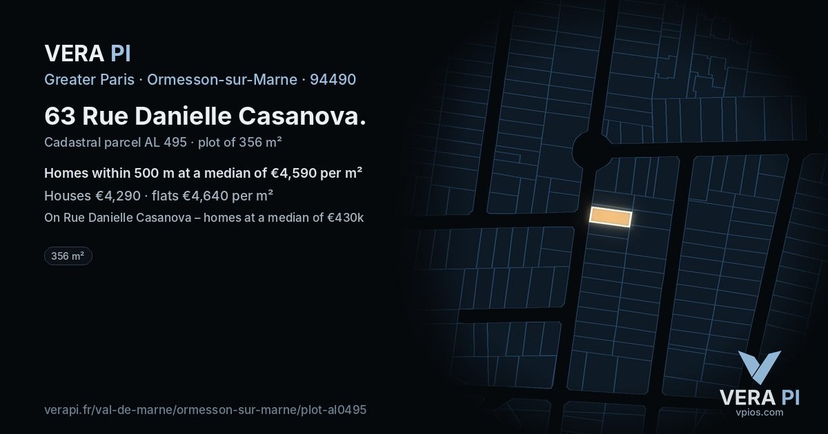 63 Rue Danielle Casanova, Ormesson-sur-Marne at night – the plot lit, the parcels around coloured by the prices near them