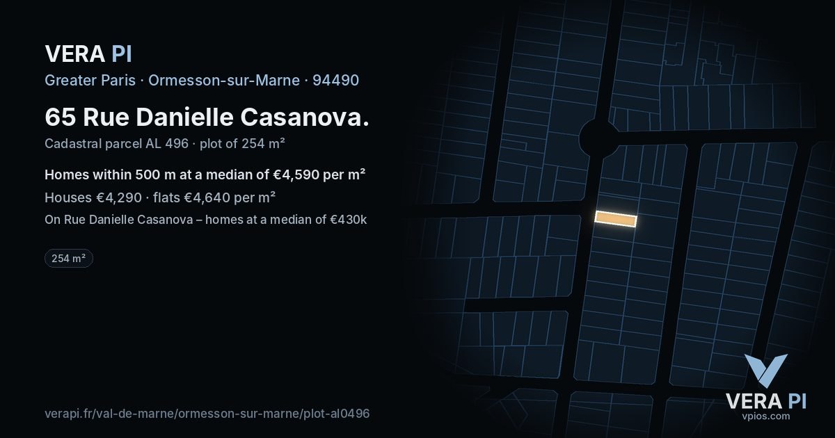 65 Rue Danielle Casanova, Ormesson-sur-Marne at night – the plot lit, the parcels around coloured by the prices near them