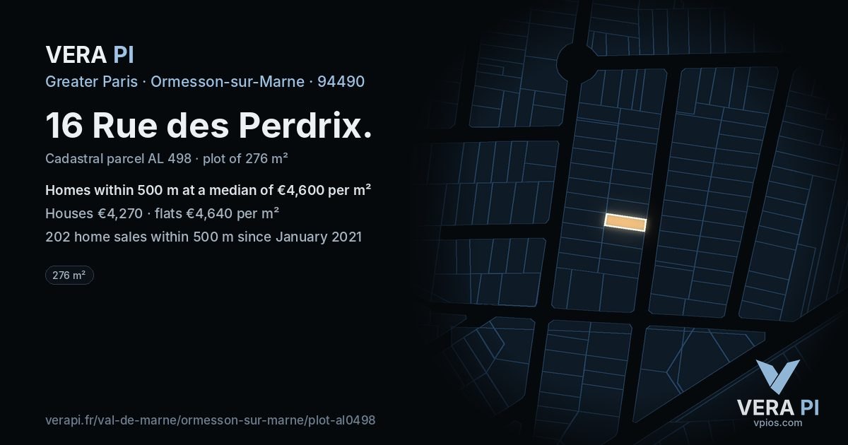 16 Rue des Perdrix, Ormesson-sur-Marne at night – the plot lit, the parcels around coloured by the prices near them