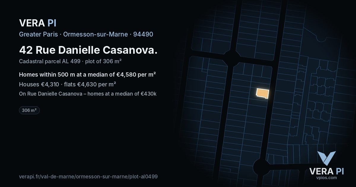 42 Rue Danielle Casanova, Ormesson-sur-Marne at night – the plot lit, the parcels around coloured by the prices near them
