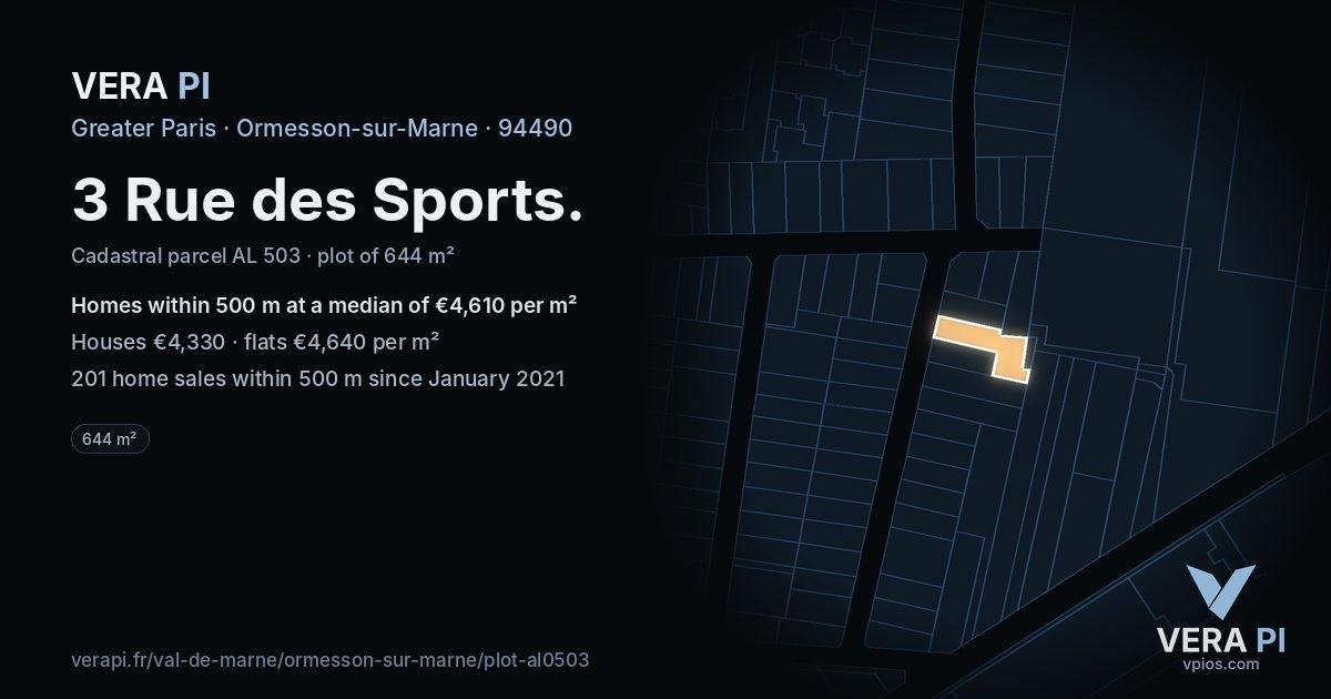 3 Rue des Sports, Ormesson-sur-Marne at night – the plot lit, the parcels around coloured by the prices near them
