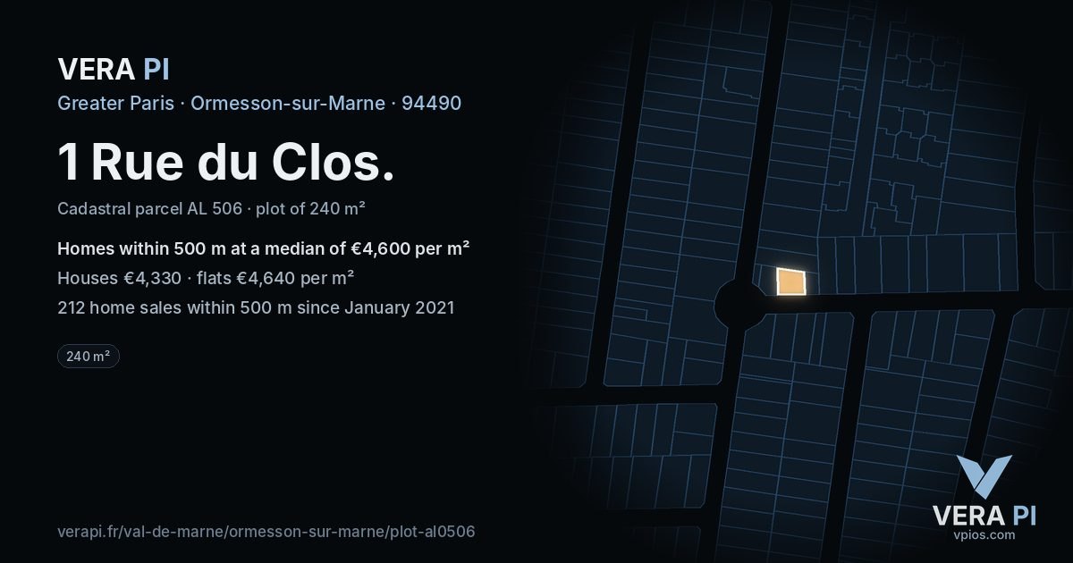 1 Rue du Clos, Ormesson-sur-Marne at night – the plot lit, the parcels around coloured by the prices near them