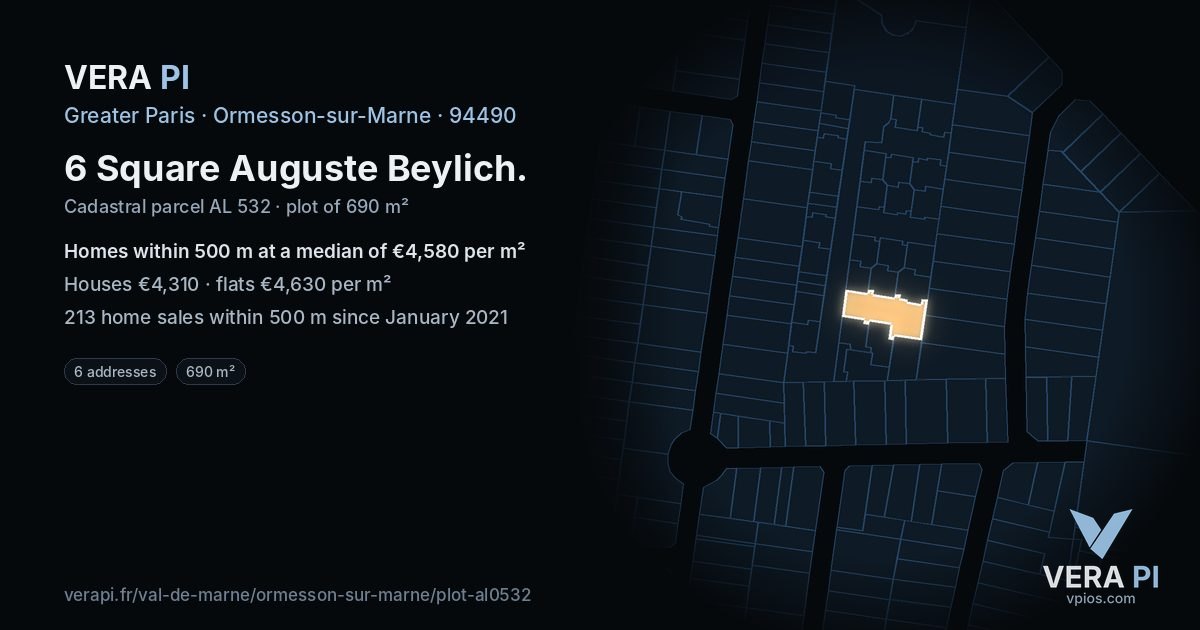 6 Square Auguste Beylich, Ormesson-sur-Marne at night – the plot lit, the parcels around coloured by the prices near them