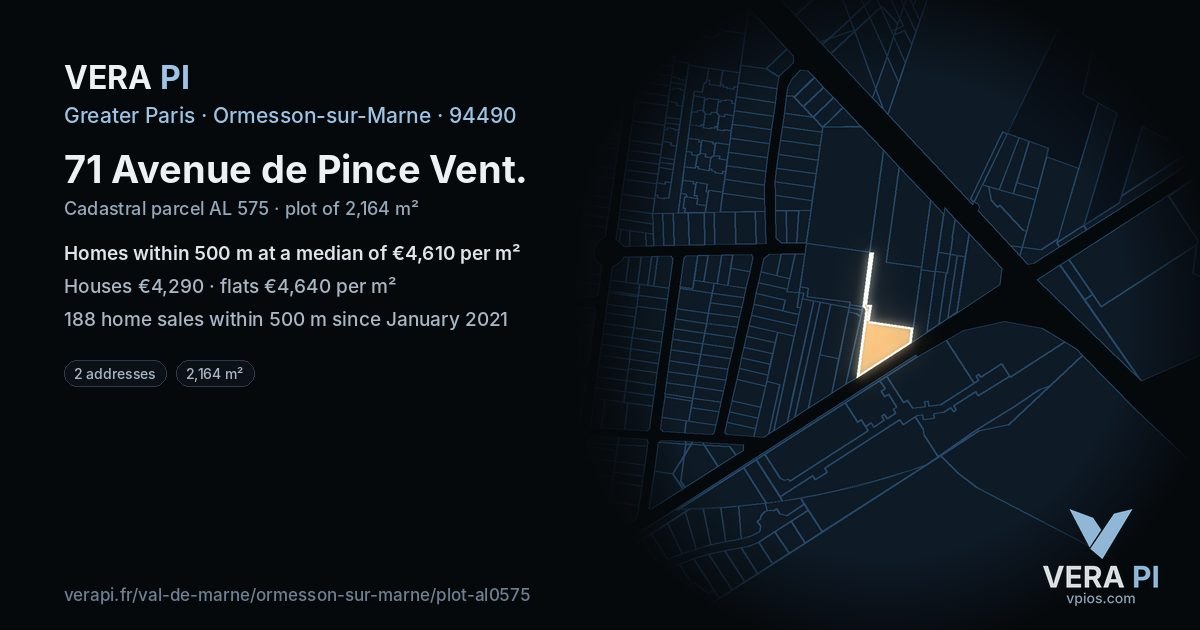 71 Avenue de Pince Vent, Ormesson-sur-Marne at night – the plot lit, the parcels around coloured by the prices near them