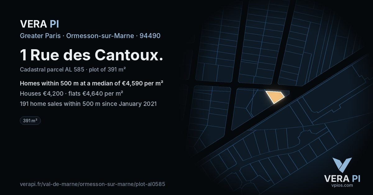 1 Rue des Cantoux, Ormesson-sur-Marne at night – the plot lit, the parcels around coloured by the prices near them