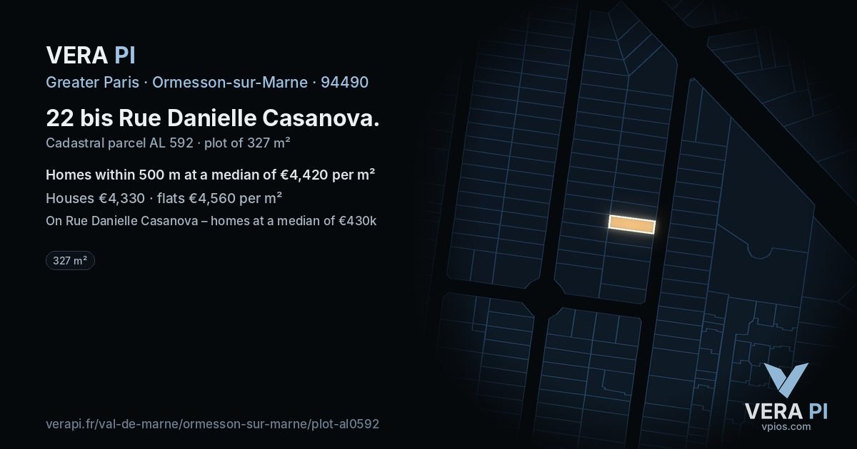 22 bis Rue Danielle Casanova, Ormesson-sur-Marne at night – the plot lit, the parcels around coloured by the prices near them