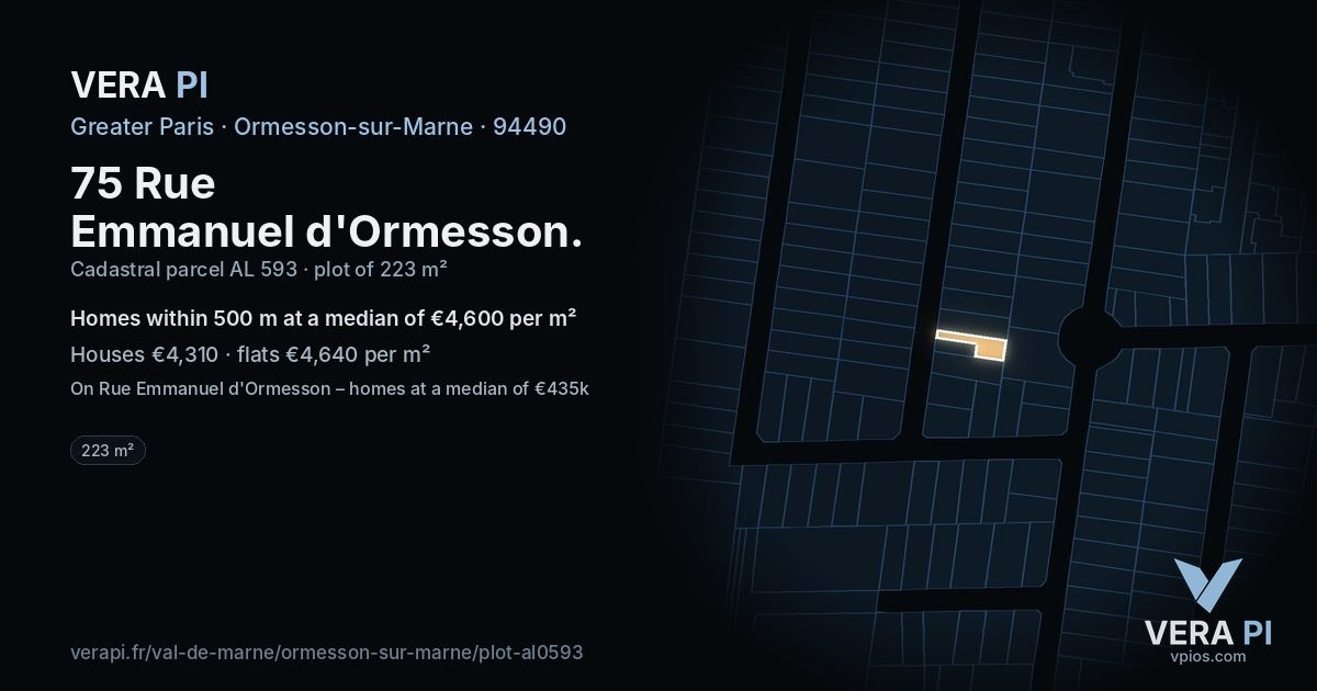 75 Rue Emmanuel d'Ormesson, Ormesson-sur-Marne at night – the plot lit, the parcels around coloured by the prices near them