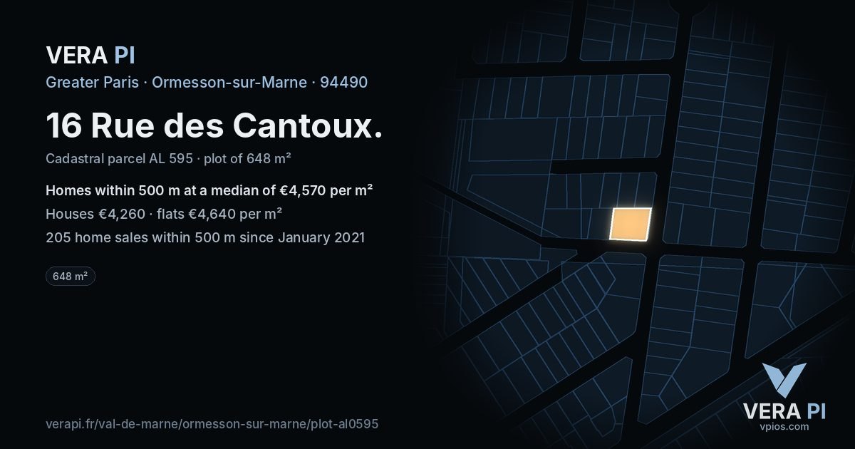 16 Rue des Cantoux, Ormesson-sur-Marne at night – the plot lit, the parcels around coloured by the prices near them