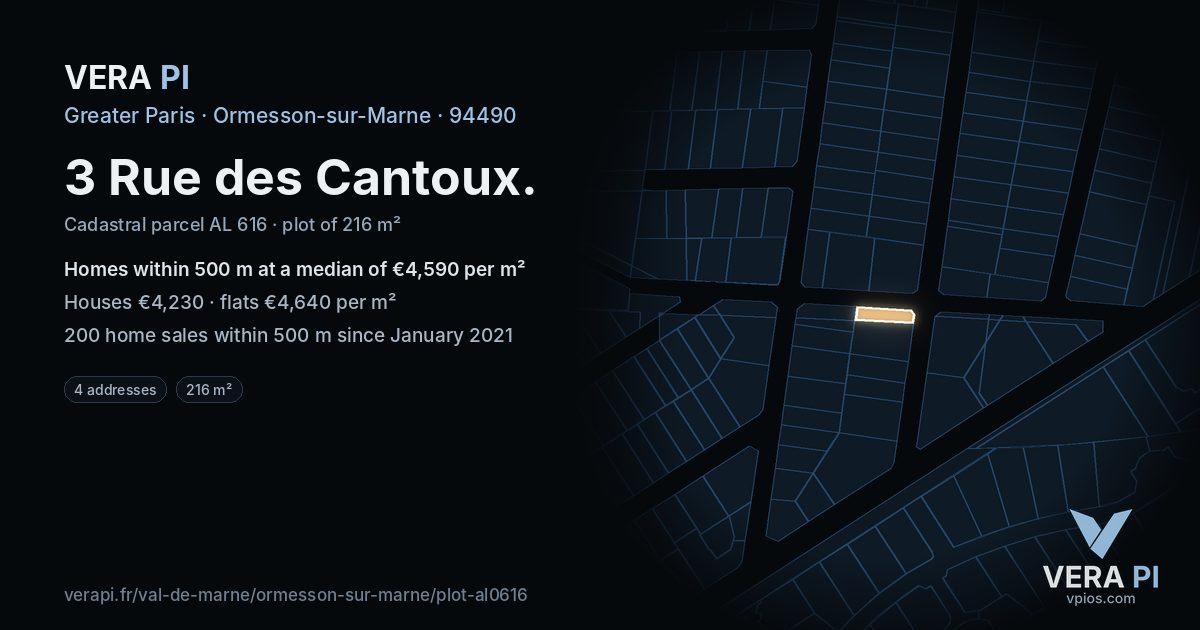 3 Rue des Cantoux, Ormesson-sur-Marne at night – the plot lit, the parcels around coloured by the prices near them