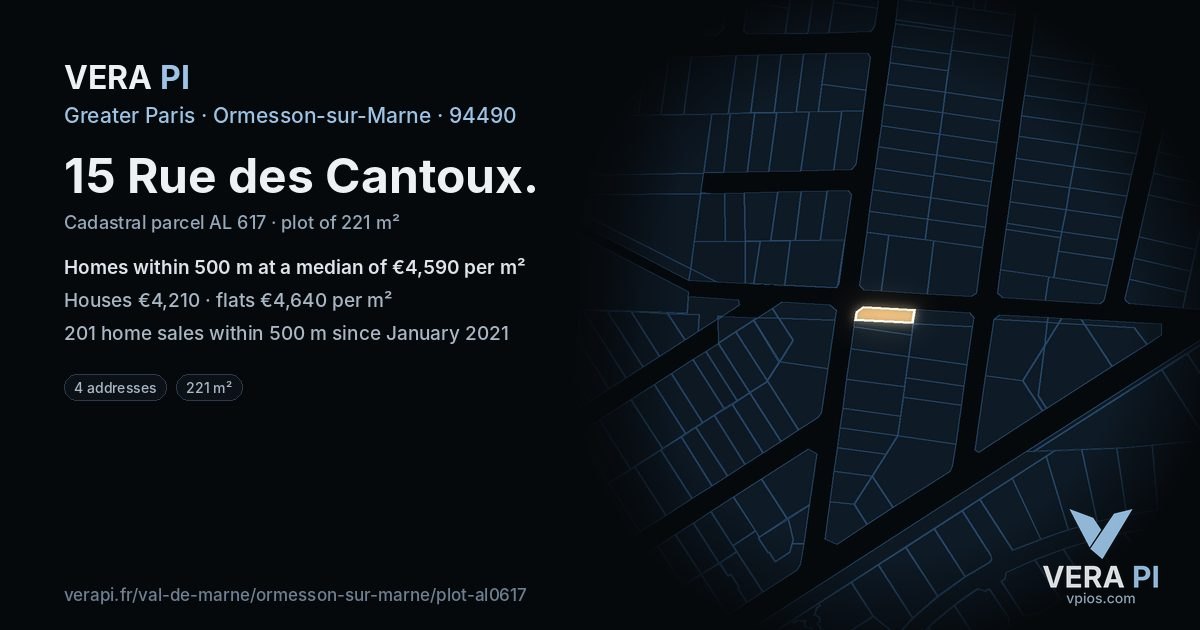 15 Rue des Cantoux, Ormesson-sur-Marne at night – the plot lit, the parcels around coloured by the prices near them