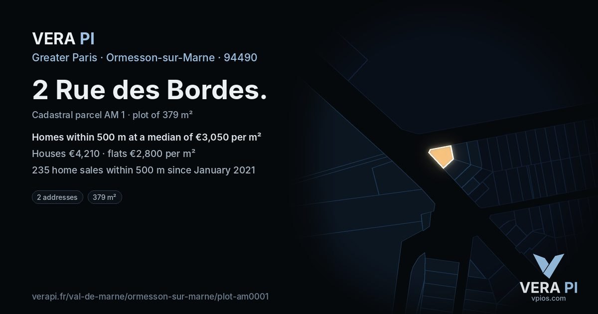 2 Rue des Bordes, Ormesson-sur-Marne at night – the plot lit, the parcels around coloured by the prices near them