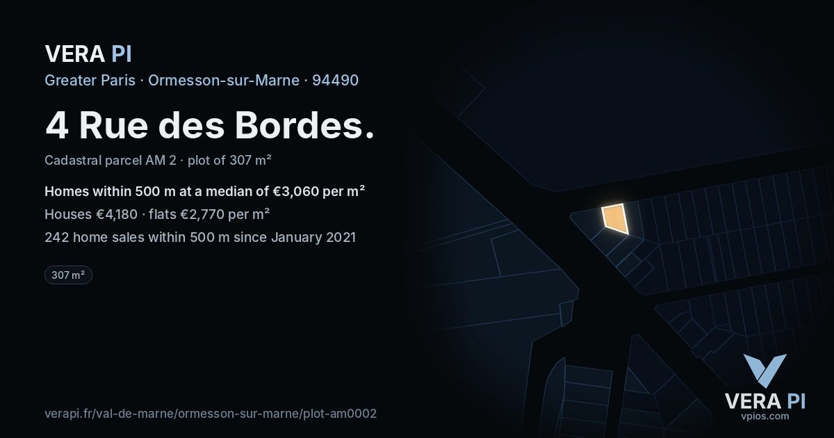 4 Rue des Bordes, Ormesson-sur-Marne at night – the plot lit, the parcels around coloured by the prices near them