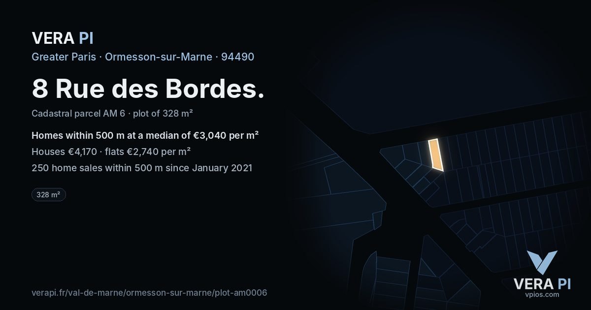 8 Rue des Bordes, Ormesson-sur-Marne at night – the plot lit, the parcels around coloured by the prices near them