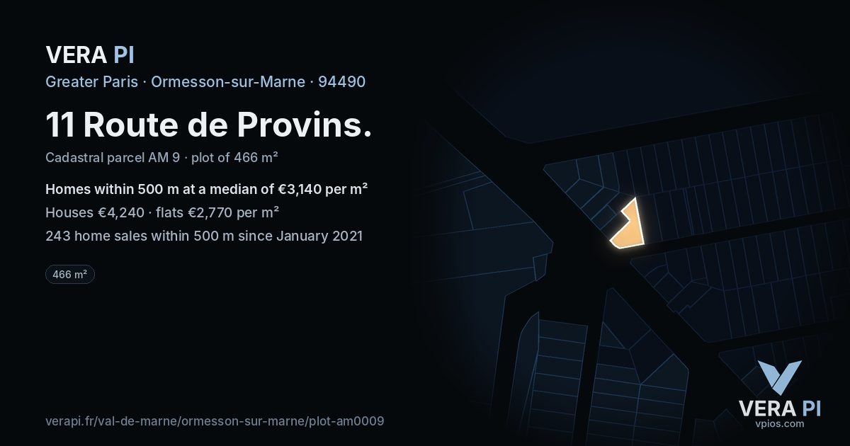 11 Route de Provins, Ormesson-sur-Marne at night – the plot lit, the parcels around coloured by the prices near them