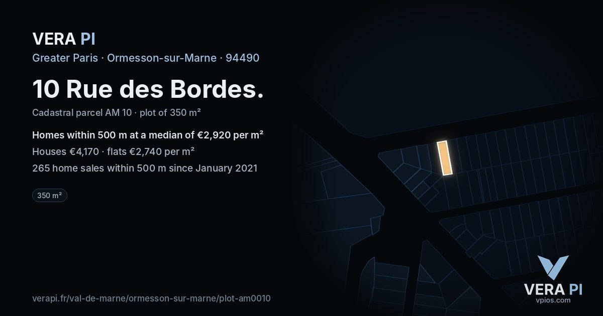 10 Rue des Bordes, Ormesson-sur-Marne at night – the plot lit, the parcels around coloured by the prices near them