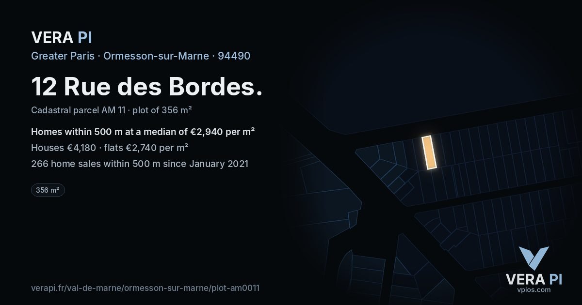 12 Rue des Bordes, Ormesson-sur-Marne at night – the plot lit, the parcels around coloured by the prices near them